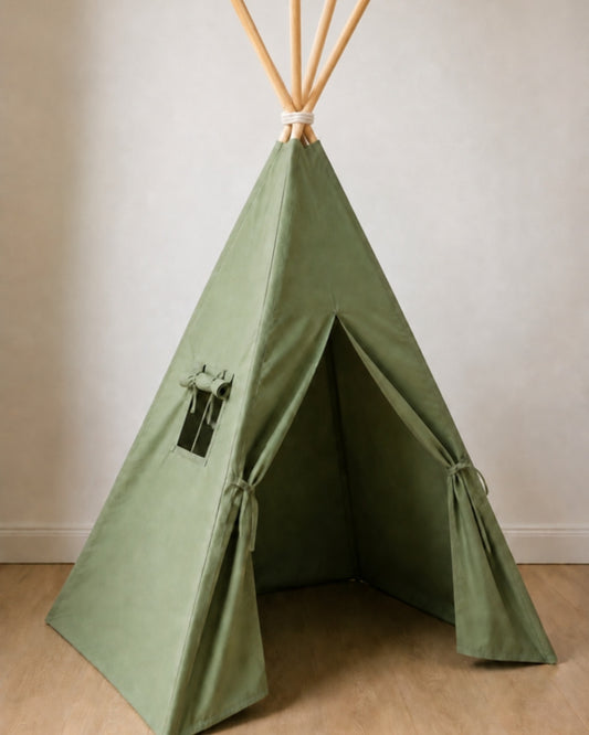 Green Kids Teepee — cotton canvas kids teepee tent on solid pine poles