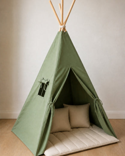Green Kids Teepee – Cosy set with padded mat and two cushions