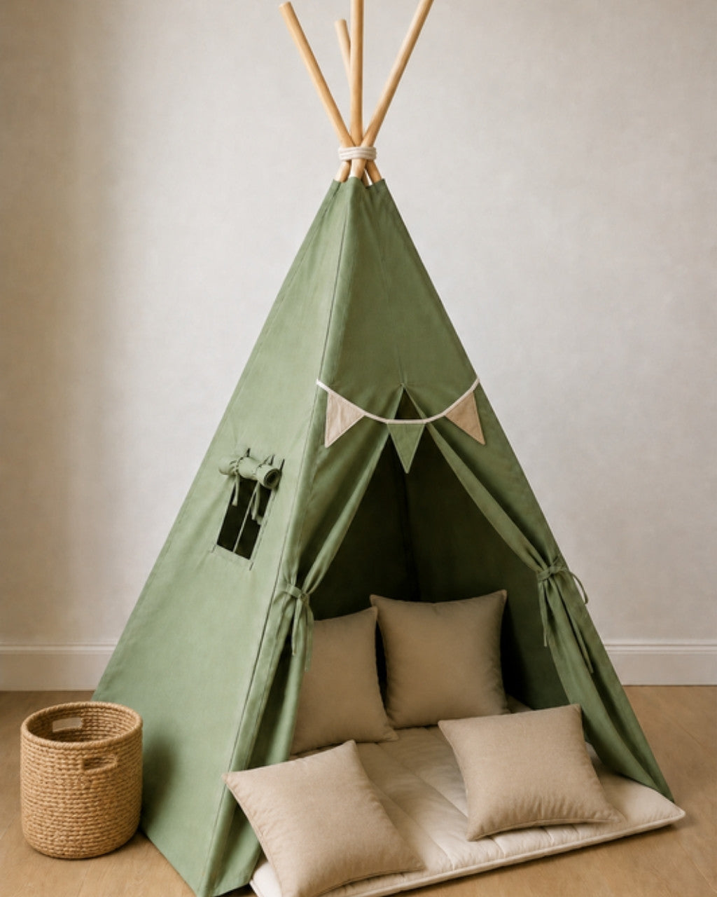 Green Kids Teepee – Full den set with mat, cushions, bunting and storage basket