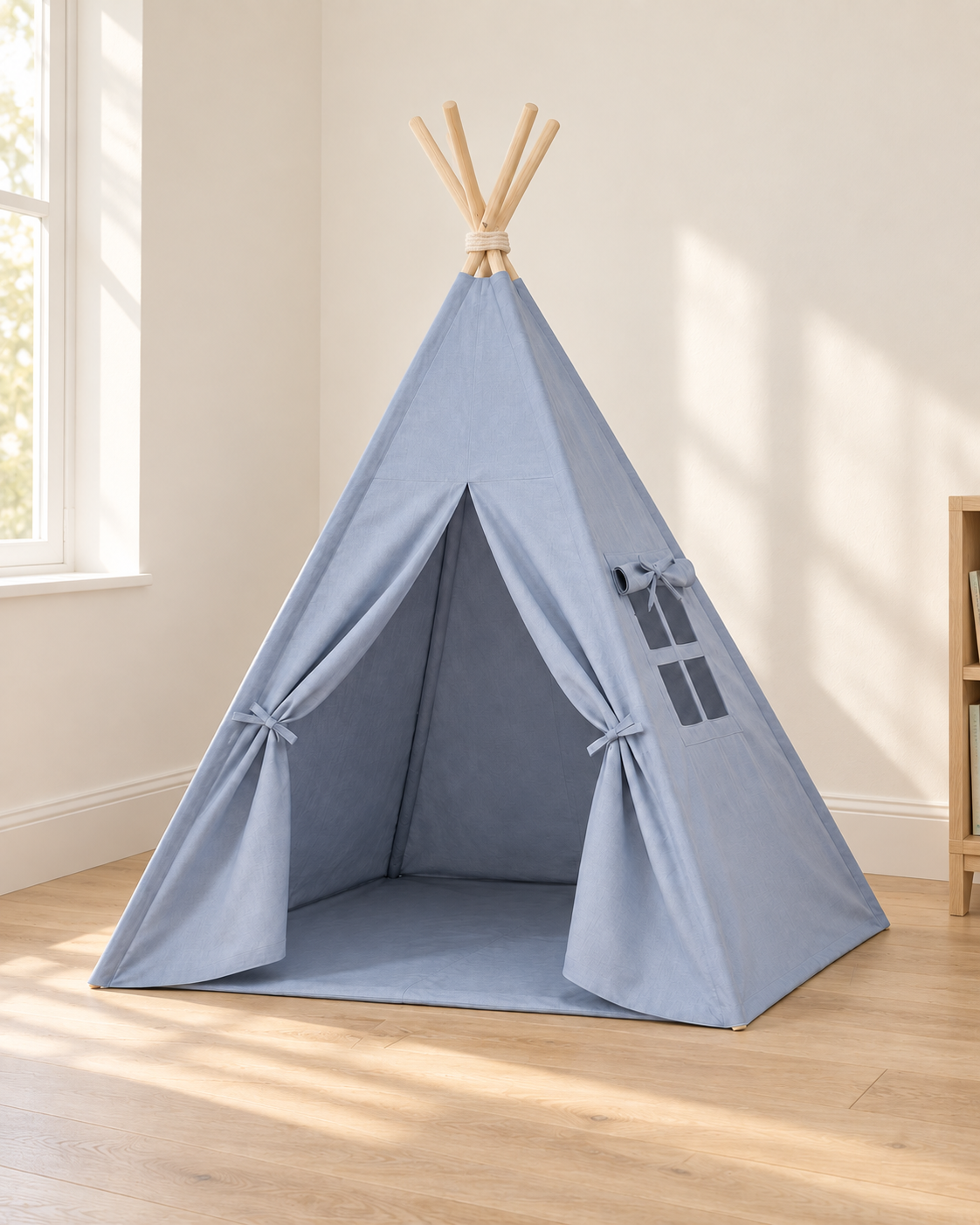 Mist Blue Kids Teepee – in a child's bedroom by the window