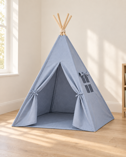 Mist Blue Kids Teepee – in a child's bedroom by the window