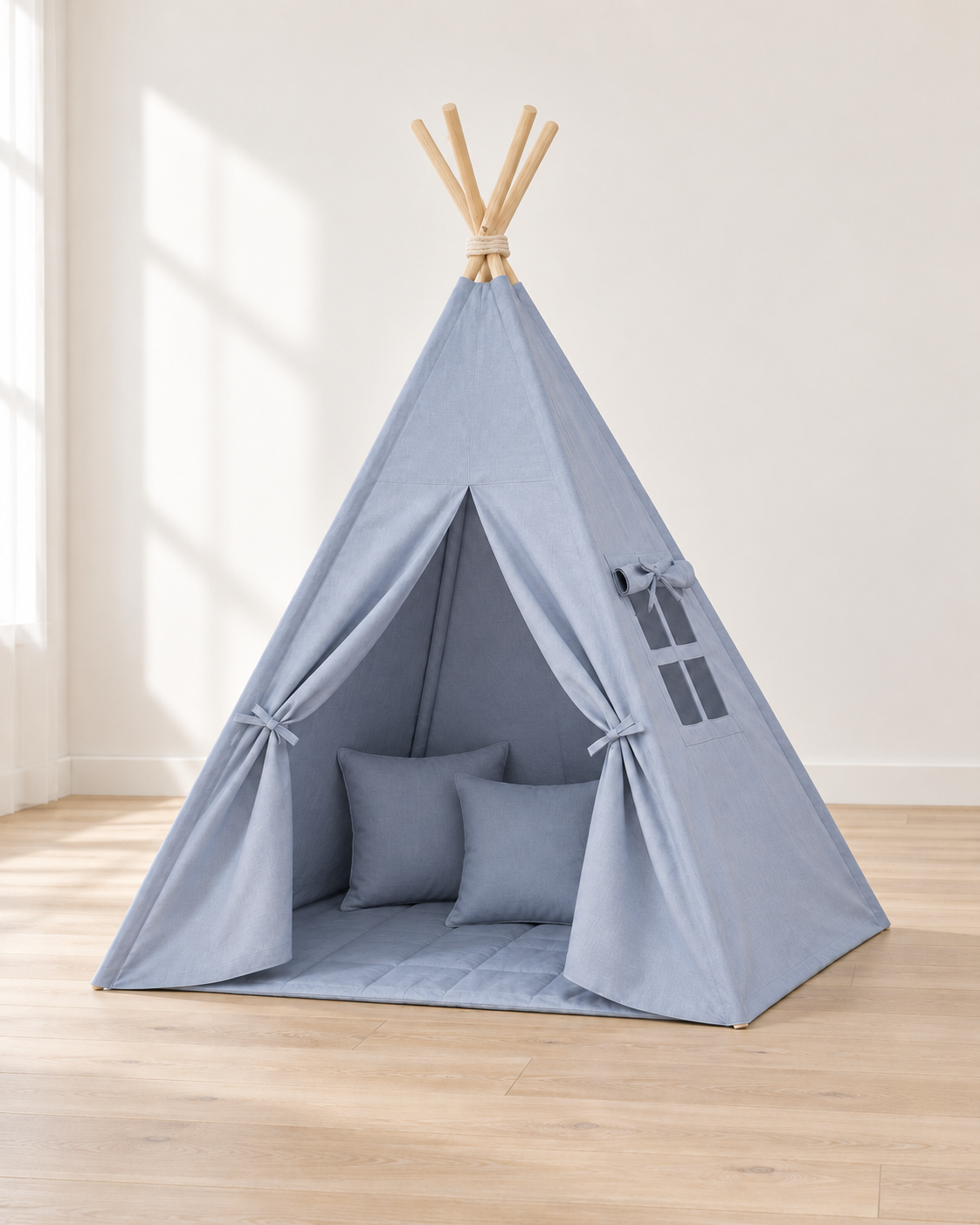 Mist Blue Kids Teepee – Cosy set with padded mat and two cushions