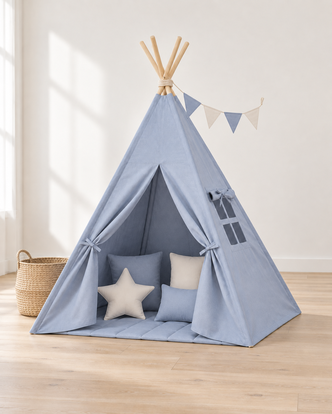 Mist Blue Kids Teepee – Full den set with mat, cushions, garland and storage basket