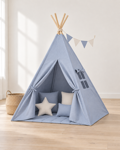 Mist Blue Kids Teepee – Full den set with mat, cushions, garland and storage basket