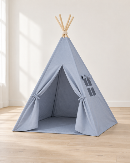 Mist Blue Kids Teepee — blue-grey cotton canvas kids teepee tent on solid pine poles