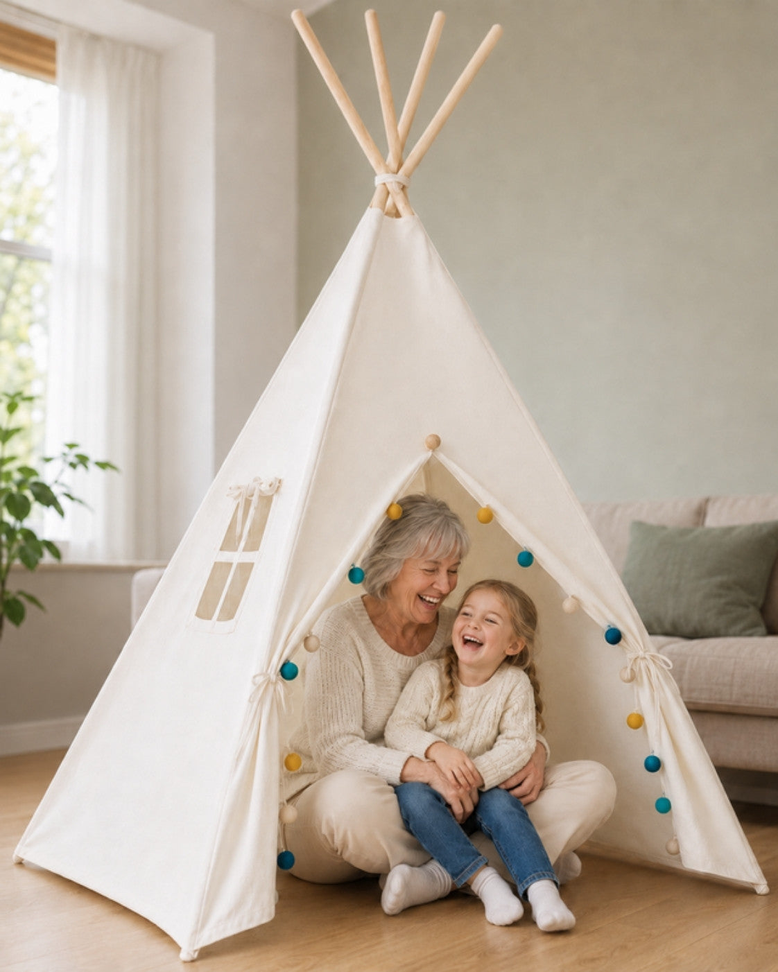 Grandmother and child sitting inside a cream kids teepee
