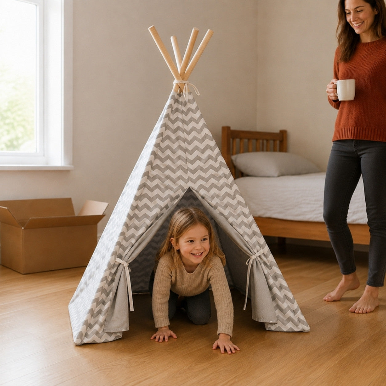Step 3 – the teepee standing in a bedroom, a few minutes later