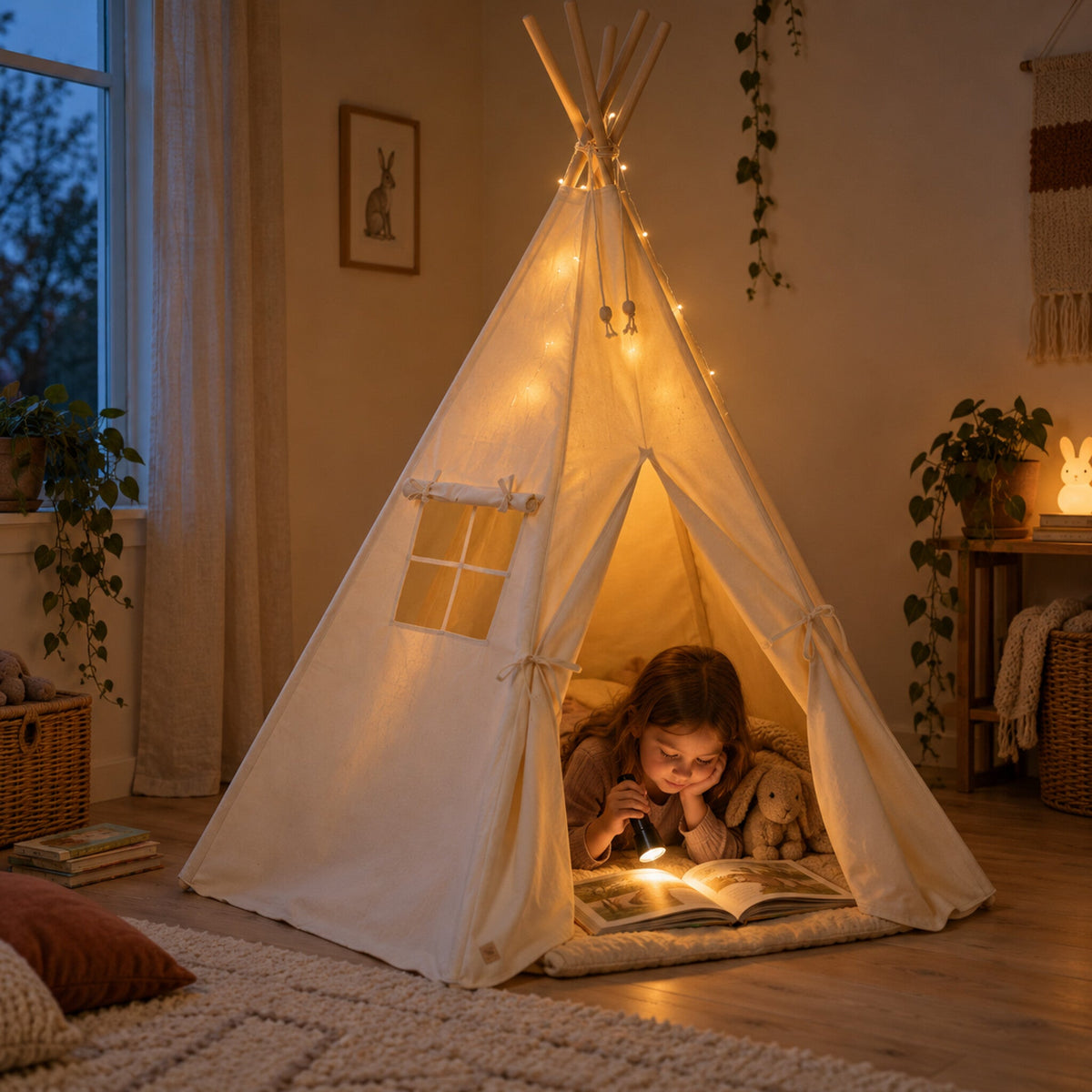 Child hiding inside the Natural Beige kids teepee