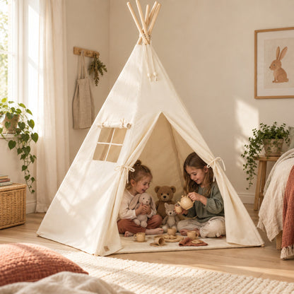 Children playing inside the Natural Beige kids teepee