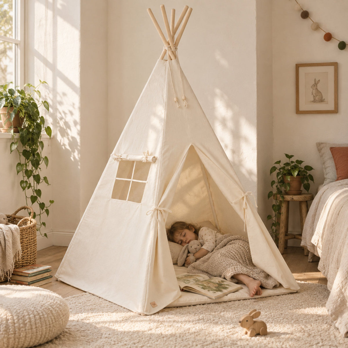 Child resting inside the Natural Beige kids teepee