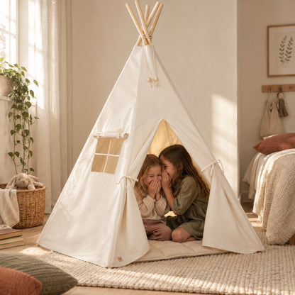 Two children sharing a secret inside the Natural Beige kids teepee