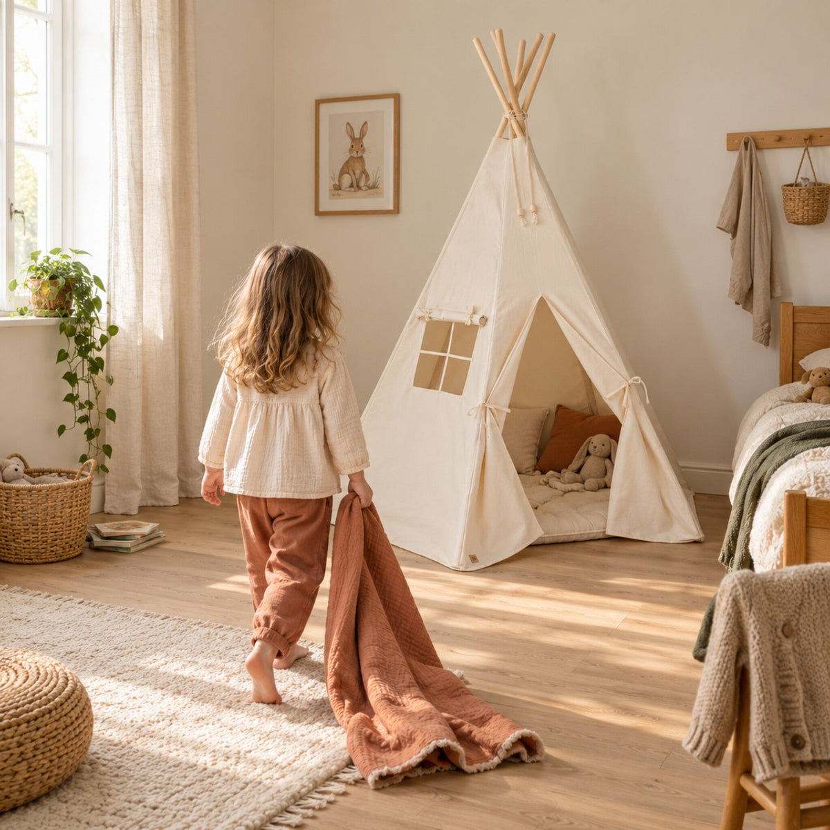 Child walking towards the Natural Beige kids teepee