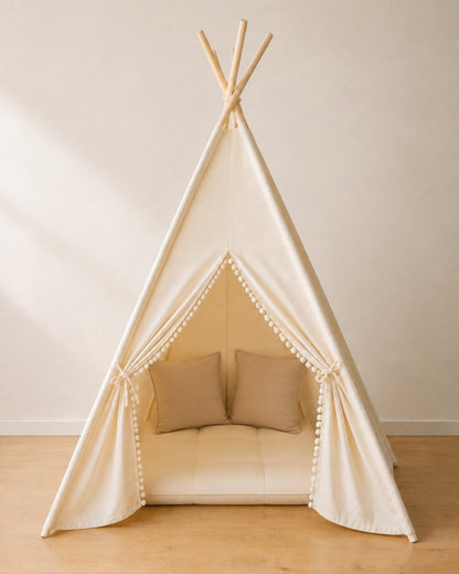 Beige Kids Teepee – Cosy set with padded mat and two cushions