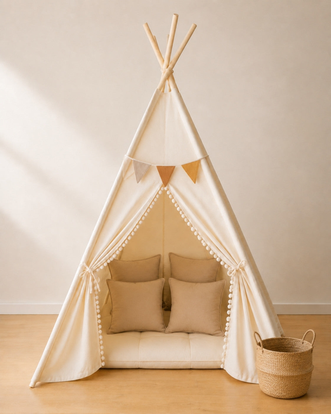Beige Kids Teepee – Full den set with mat, cushions, bunting and storage basket