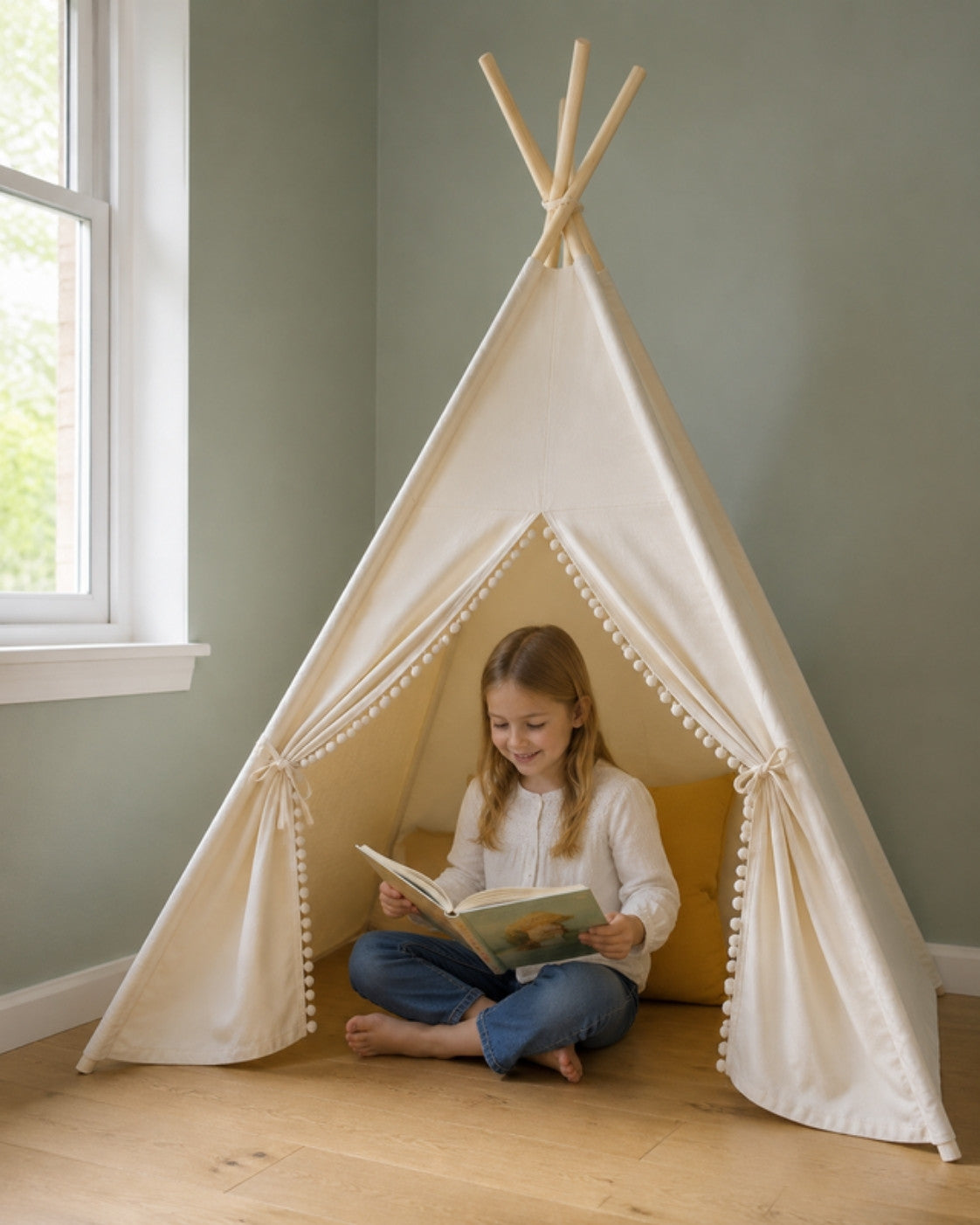 Beige Kids Teepee – in a child's bedroom