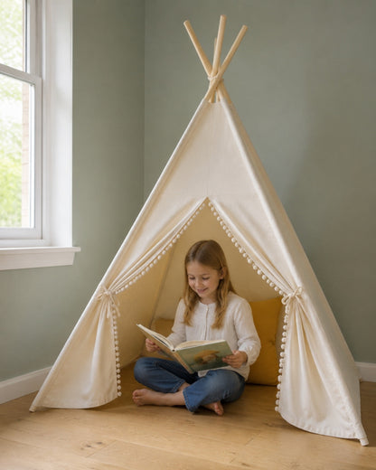 Beige Kids Teepee – in a child's bedroom