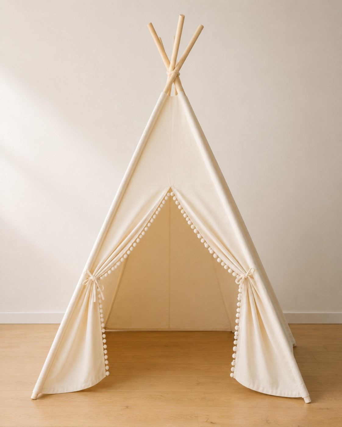 Beige Kids Teepee — cotton canvas kids teepee tent on solid pine poles