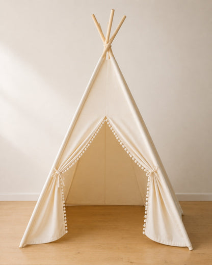 Beige Kids Teepee — cotton canvas kids teepee tent on solid pine poles