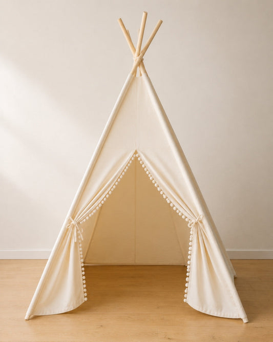 Beige Kids Teepee — cotton canvas kids teepee tent on solid pine poles