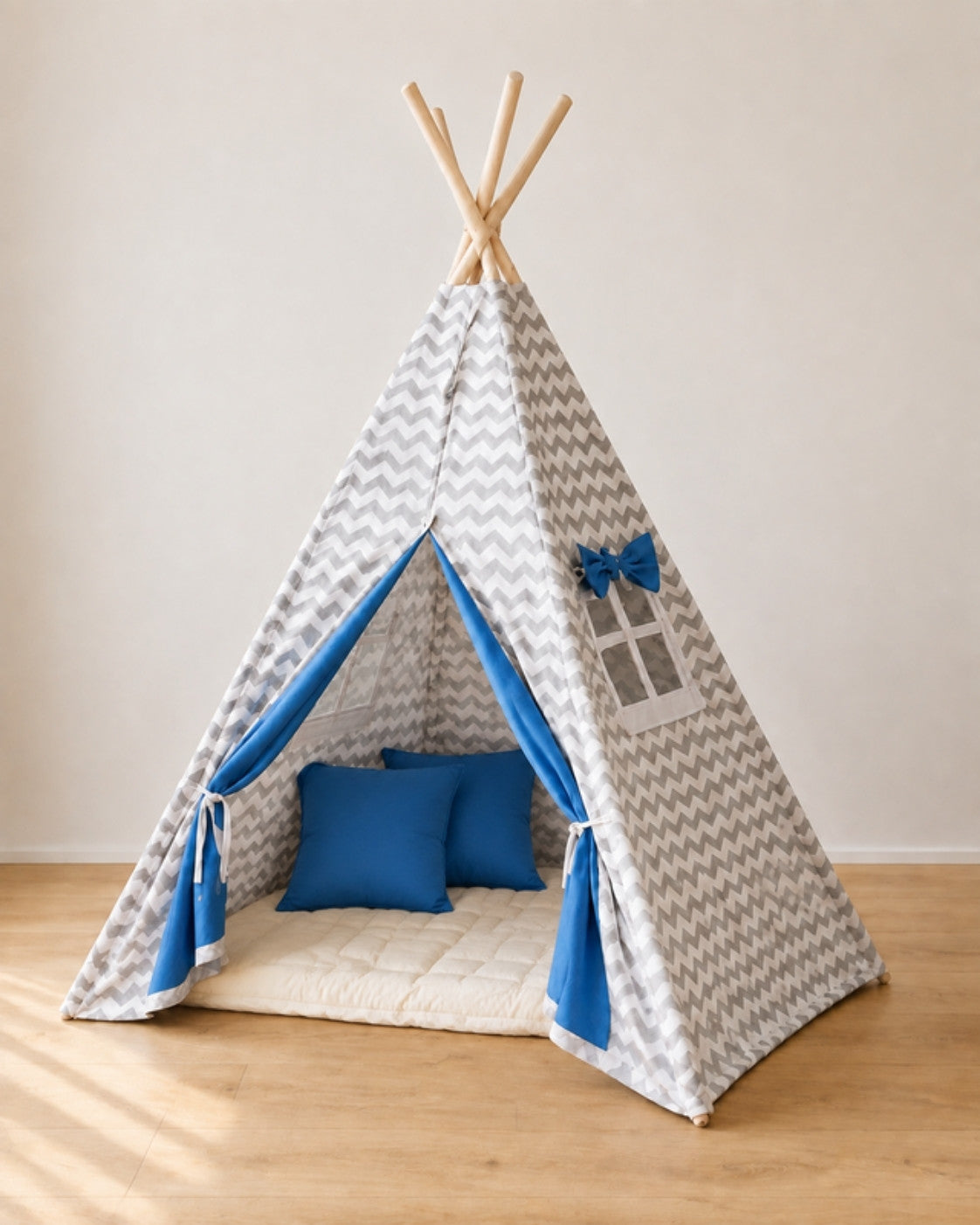 Blue & Grey Kids Teepee – Cosy set with padded mat and two cushions
