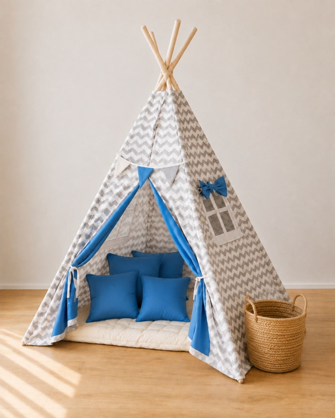 Blue & Grey Kids Teepee – Full den set with mat, cushions, bunting and storage basket