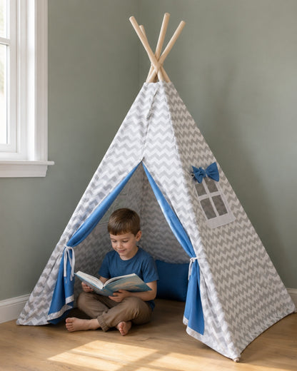 Blue & Grey Kids Teepee – in a child's bedroom