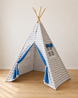 Blue & Grey Kids Teepee — cotton canvas kids teepee tent on solid pine poles