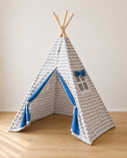Blue & Grey Kids Teepee — cotton canvas kids teepee tent on solid pine poles