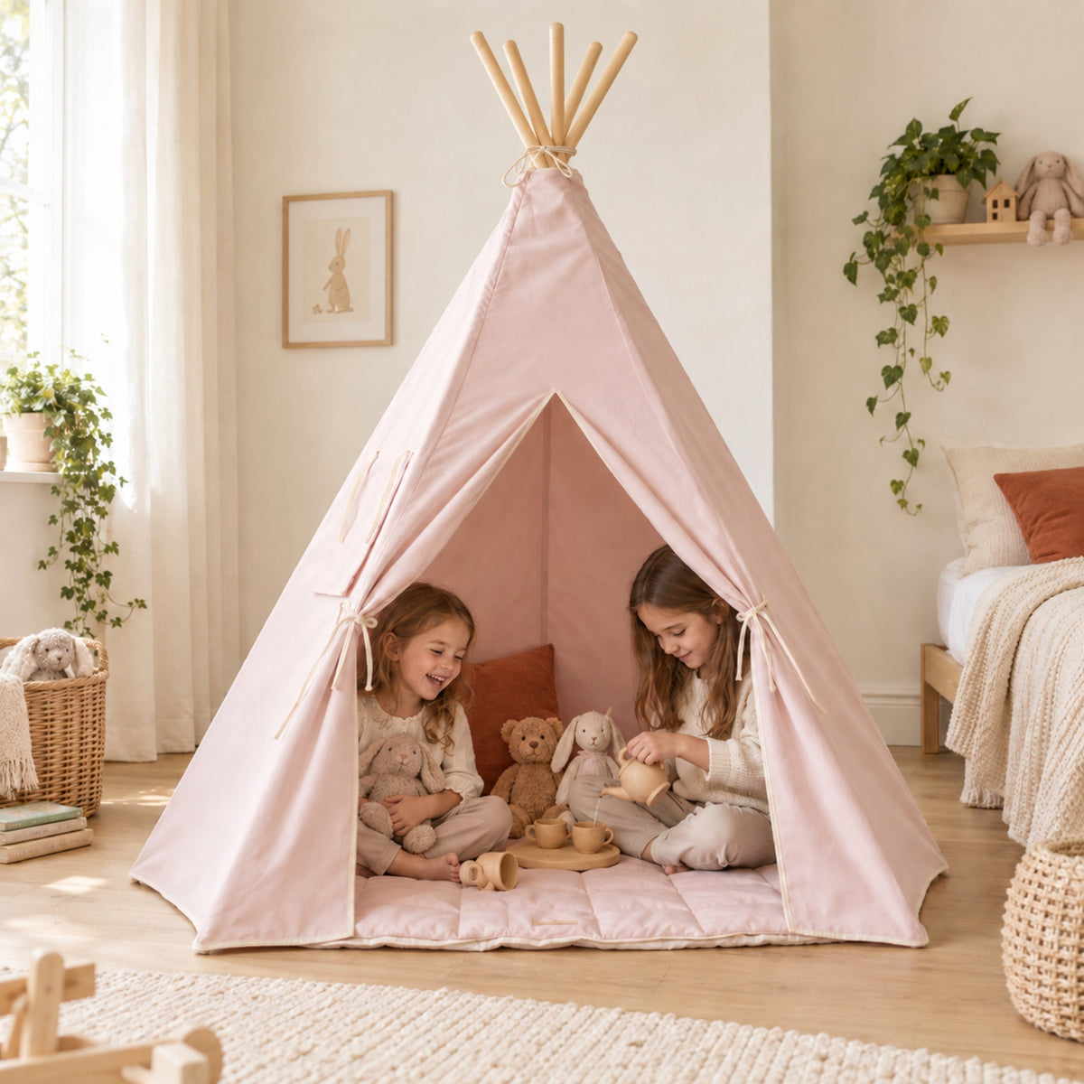 Blush Pink kids teepee set up in a child's bedroom