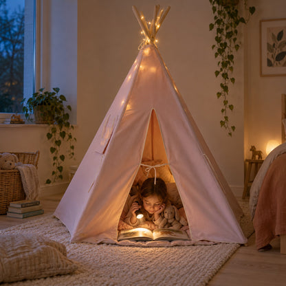 Child hiding inside the Blush Pink kids teepee
