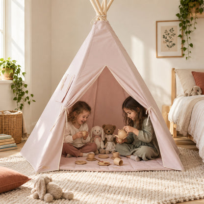 Children playing inside the Blush Pink kids teepee