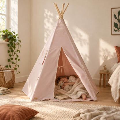 Child resting inside the Blush Pink kids teepee