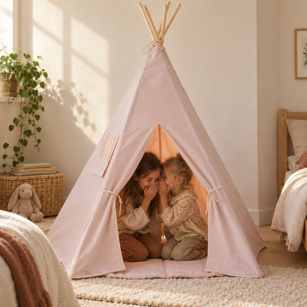 Two children sharing a secret inside the Blush Pink kids teepee