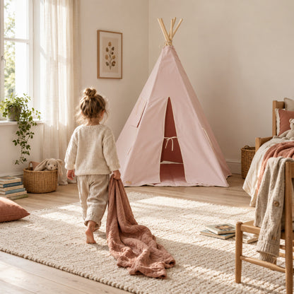 Child walking towards the Blush Pink kids teepee