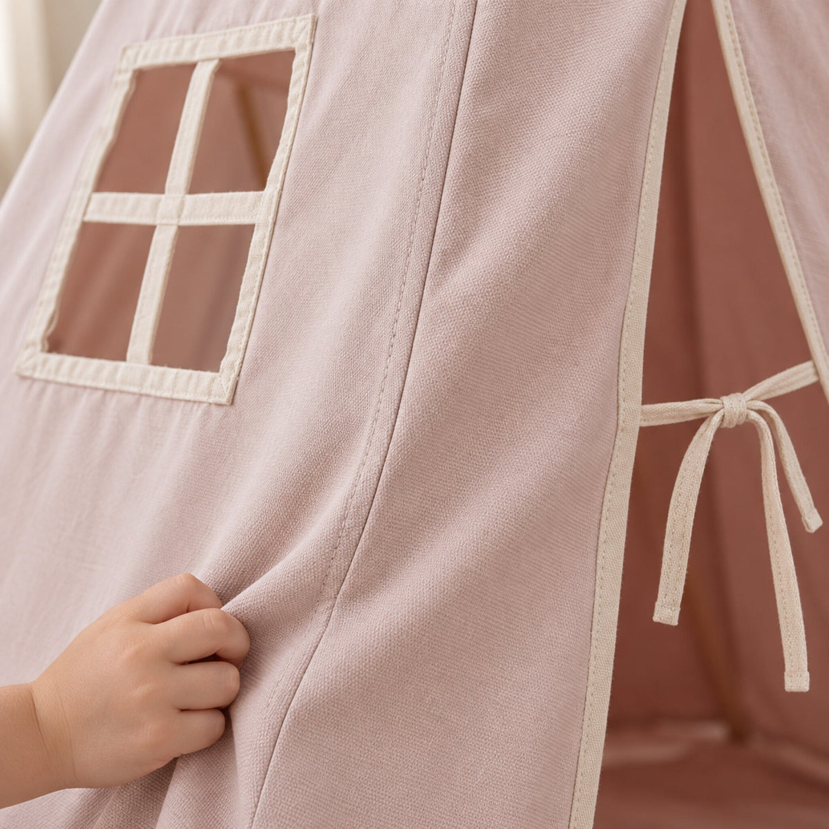 Close-up of the Blush Pink cotton canvas and cream piping