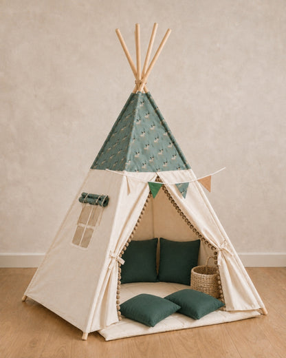 Christmas Deer Kids Teepee – Full den set with mat, cushions, bunting and storage basket