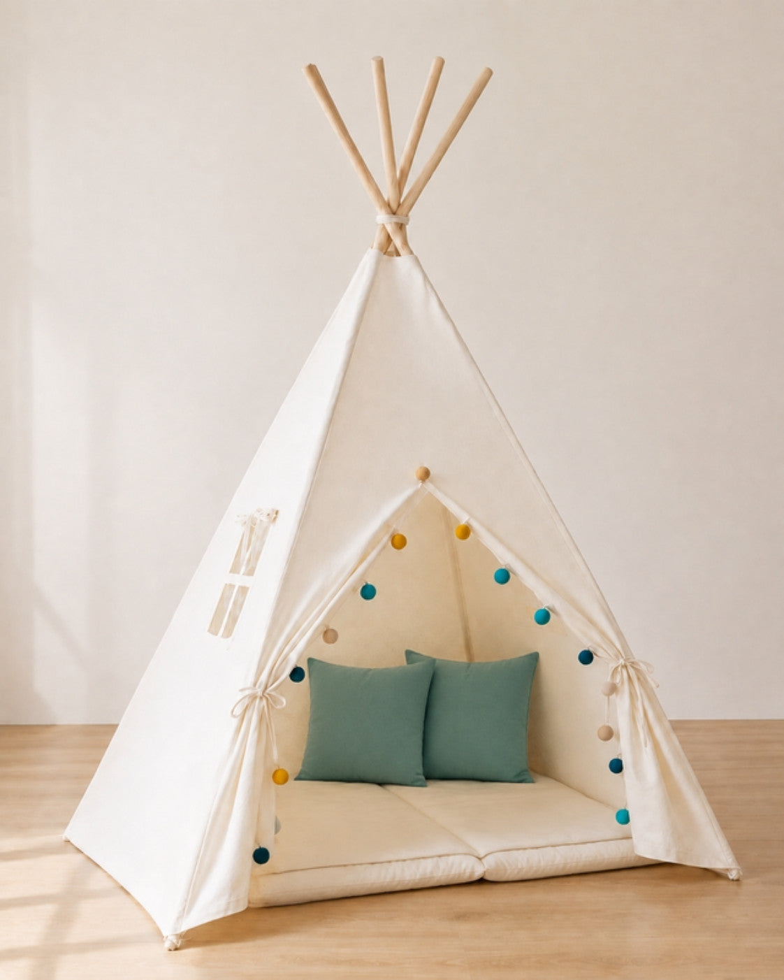 Cream (with Window) Kids Teepee – Cosy set with padded mat and two cushions