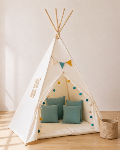 Cream (with Window) Kids Teepee – Full den set with mat, cushions, bunting and storage basket