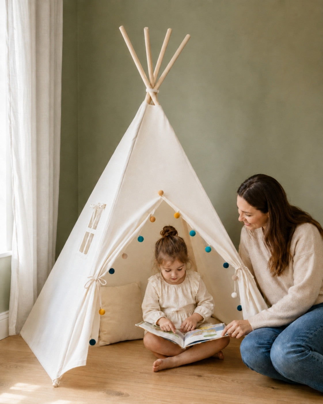 Cream (with Window) Kids Teepee – in a child's bedroom