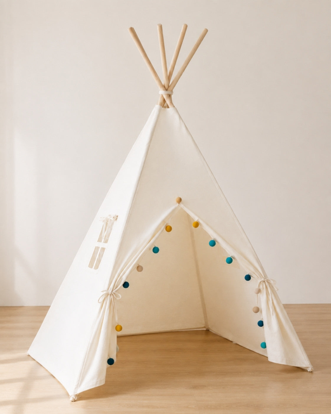 Cream Kids Teepee with Window — cotton canvas kids teepee tent on solid pine poles