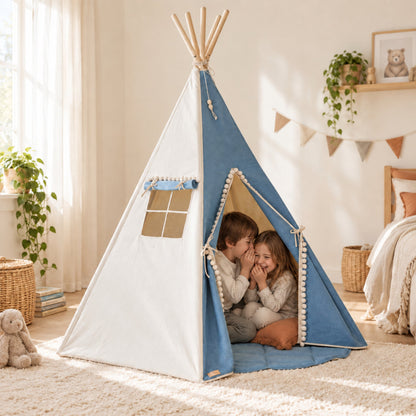 Denim Pompom kids teepee set up in a child's bedroom