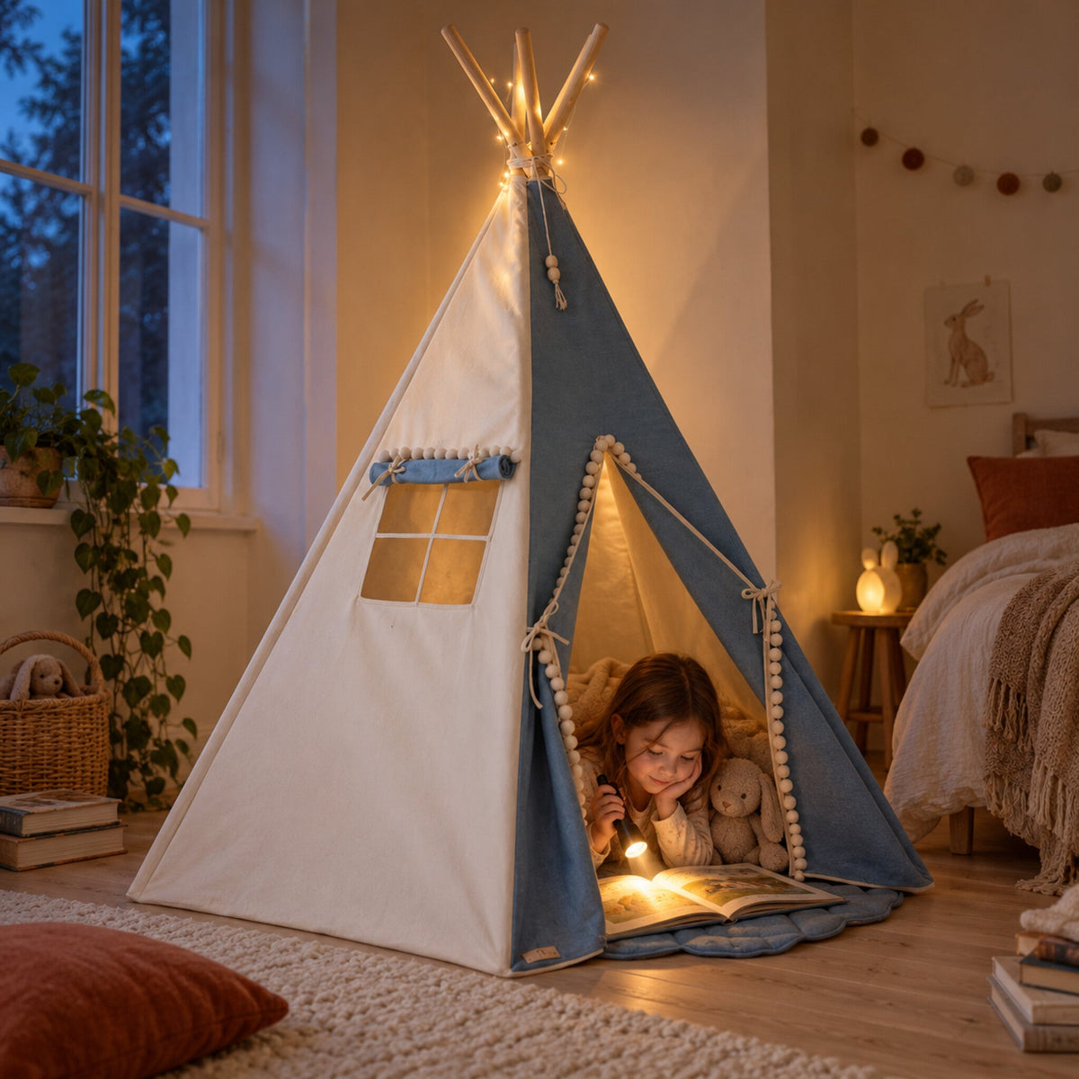 Child hiding inside the Denim Pompom kids teepee