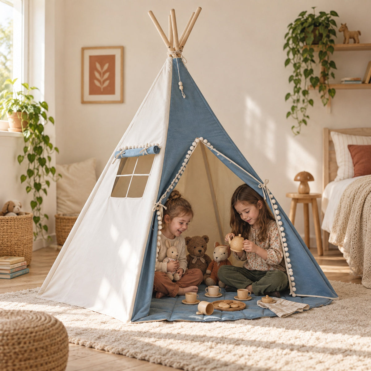 Children playing inside the Denim Pompom kids teepee