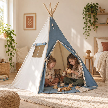 Children playing inside the Denim Pompom kids teepee