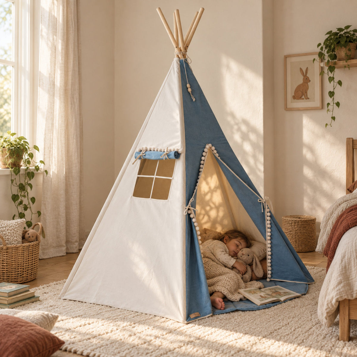 Child resting inside the Denim Pompom kids teepee