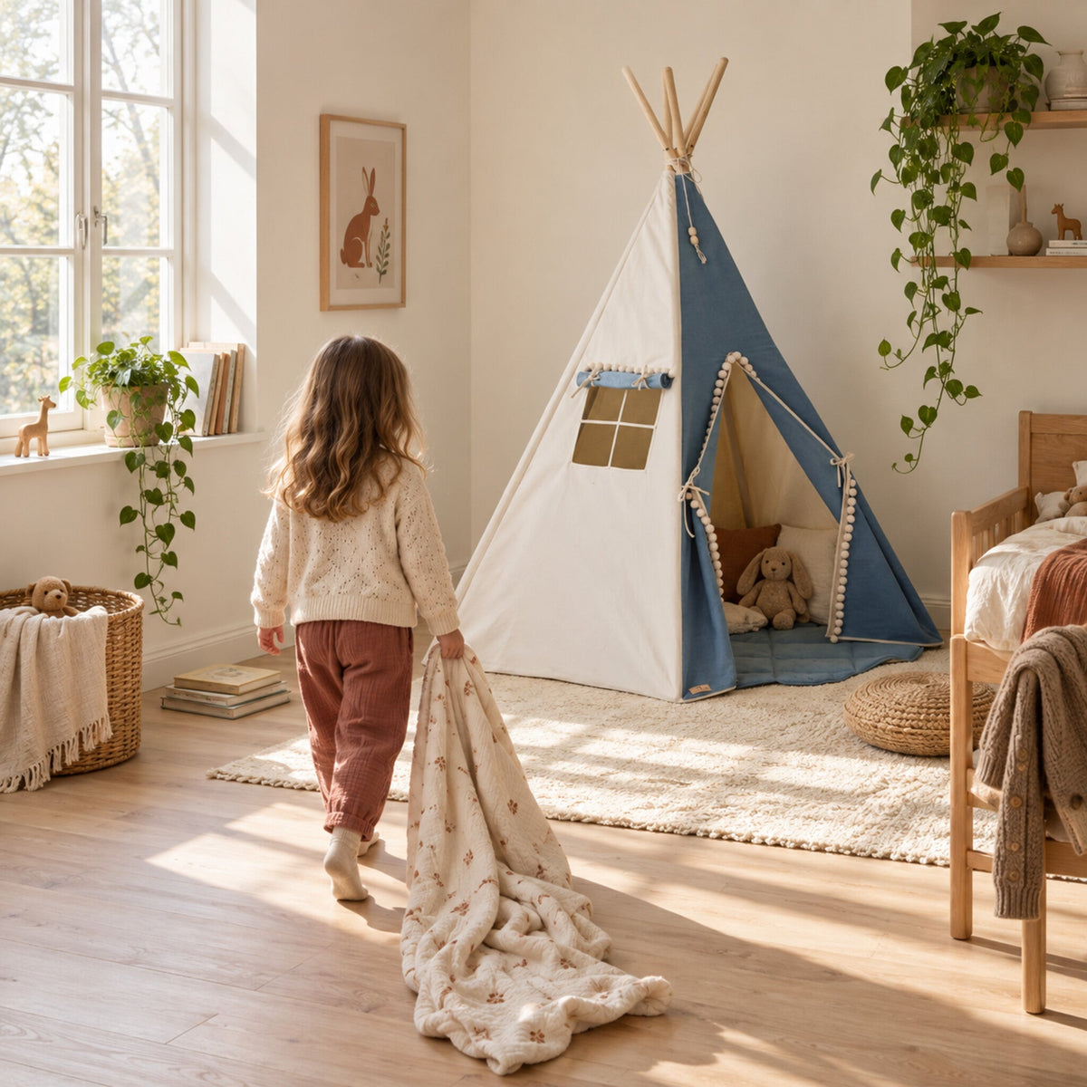 Child walking towards the Denim Pompom kids teepee