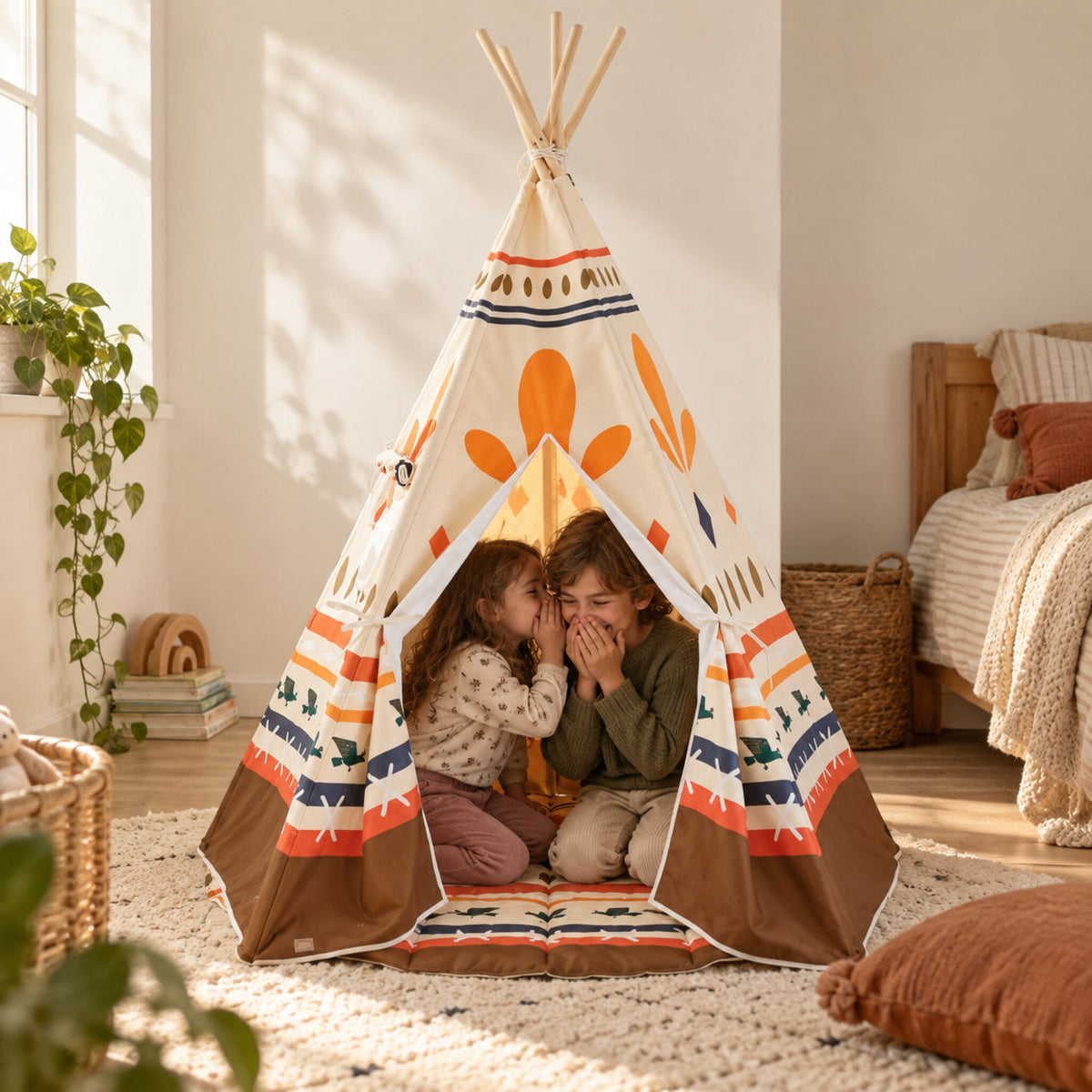 Two children sharing a secret inside the Desert Trail kids teepee