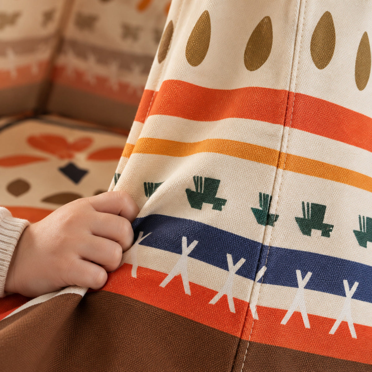 Close-up of the Desert Trail folk print on cotton canvas