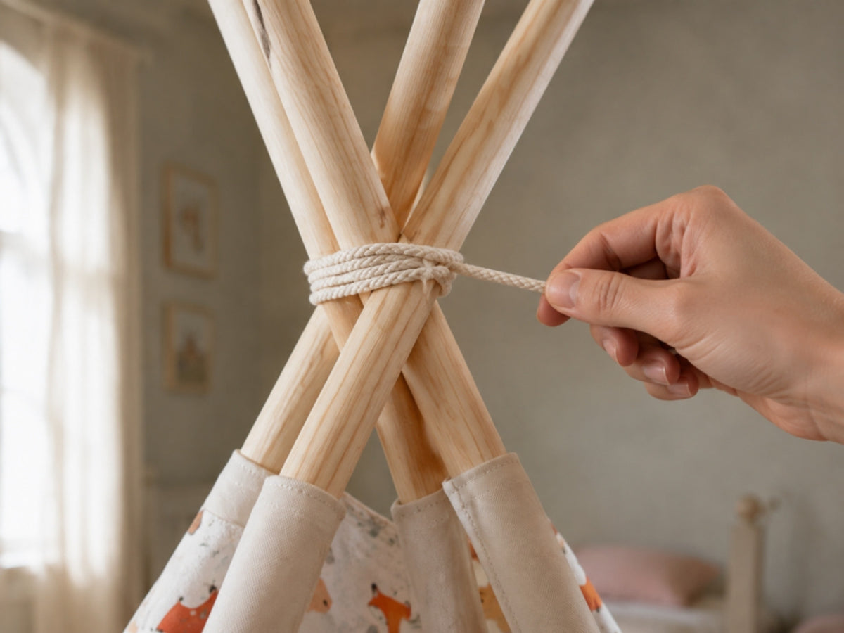 Four one-piece pine poles tied at the top of a kids teepee