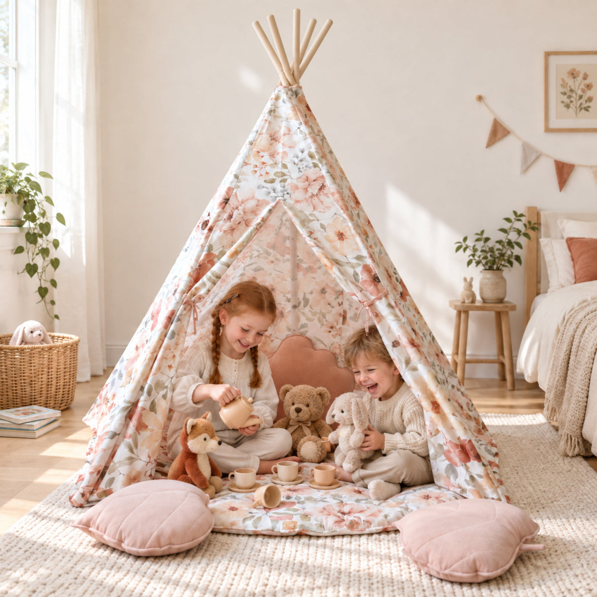 Flower Power kids teepee set up in a child's bedroom